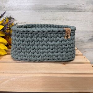 Handmade Crochet Basket w- Wooden Bottom